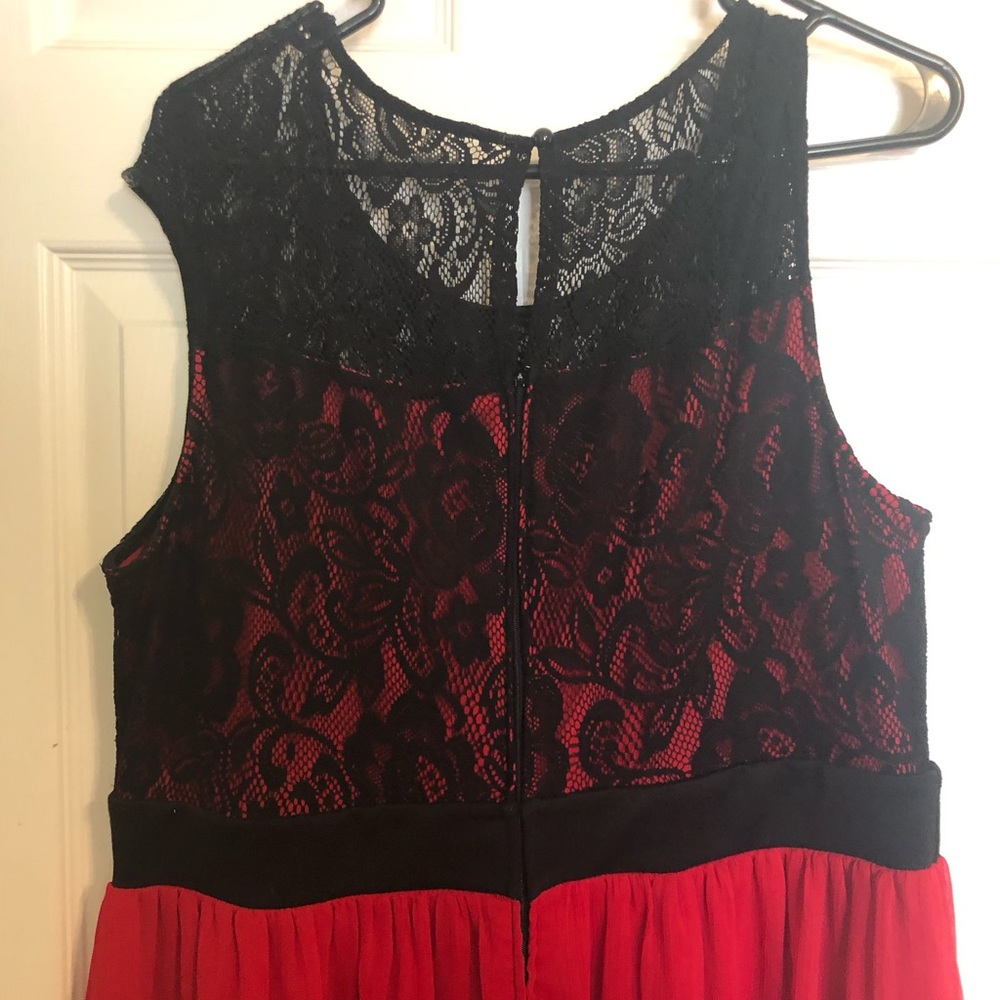 Lace top, black and red dress.